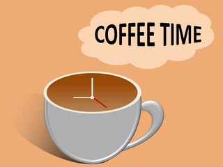 Cup of coffee with arrows wall clock and written word Coffee Time in a cloud shape.