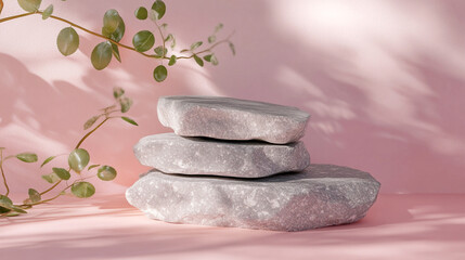 Aesthetic arrangement of three stone slabs on a soft pink background with delicate plant shadows