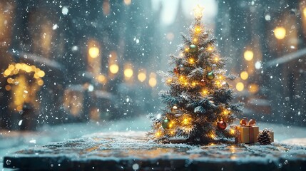 Naklejka premium Cozy and festive Christmas setting featuring a beautifully decorated small Christmas tree adorned with delicate ornaments and warm twinkling fairy lights