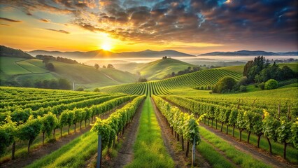 Naklejka premium Lush green vineyards with rows of wine grapes stretching across a rolling hills landscape at sunrise, agriculture, farm, landscape