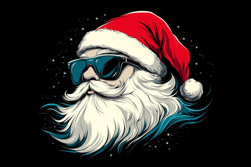 A cartoon of Santa wearing sunglasses and a red hat. The sunglasses are on his face and the hat is on his head