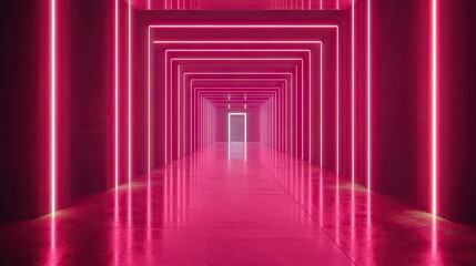 Retro futuristic corridor with glowing lights creates an illusion of endless space, inviting exploration within its vibrant atmosphere. Ideal for design concepts and visual storytelling.