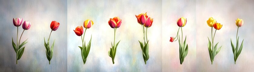 Fototapeta premium A series of colorful tulips arranged in a soft, blurred background.
