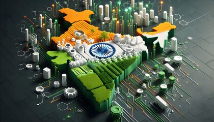 A theme where different industries (like agriculture, tech, manufacturing) are represented using India’s national colors. Green fields and crops flow into white tech hubs.