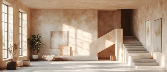 A modern, minimalist interior design featuring warm tones, natural light, and simple decor.