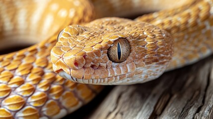 Obraz premium Close-up of a Viper snake resting on a wooden surface, capturing the intricate details and textures of the Viper snake, with ample copy space available for design use.