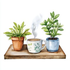 watercolor painting of a cozy coffee corner with plants and a steaming mug, on isolated white background