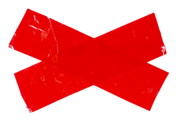 Isolated red cross made from torn strip of repair tape with copy space on white background