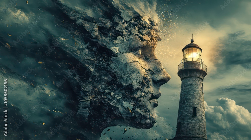 Poster A surreal scene of a lighthouse and a fragmented face emerging from the clouds.