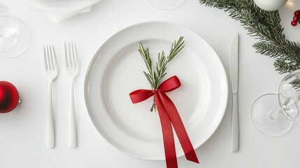 A minimalistic Christmas table setting with white porcelain plates, a single red ribbon tied around the cutlery, and a green sprig as the only decoration