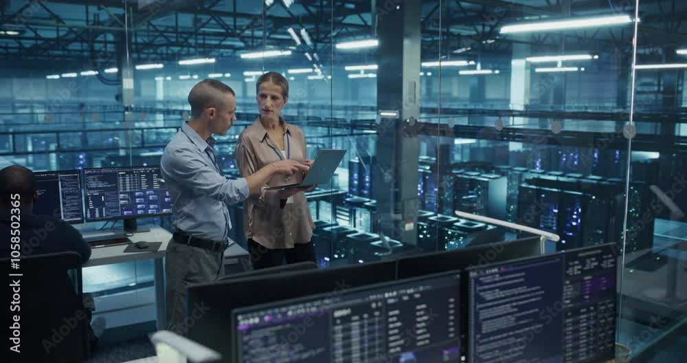 Poster Male and Female Software Engineers Using Laptop Computer in a Modern AI Training Data Center Facility, Working on Server Maintenance. Specialists Working Together on Managing the Work of Hardware