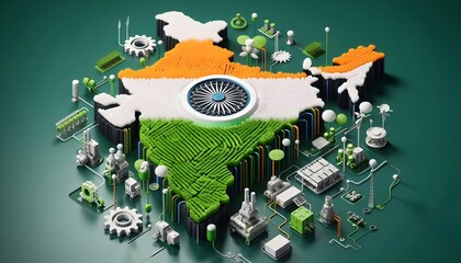 A 3d rendered theme where different industries (like agriculture, tech, manufacturing) are represented using India’s national colors. Green fields and crops flow into white tech hubs.