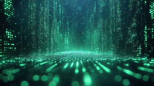 Crisp green binary code flows down dark screen, symbolizing complex digital datprocessing