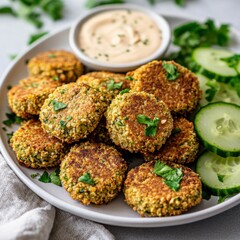 A crispy and golden brown baked falafel with a side of tahini sauce, served on a white plate, Falafel centered with a few cucumber slices