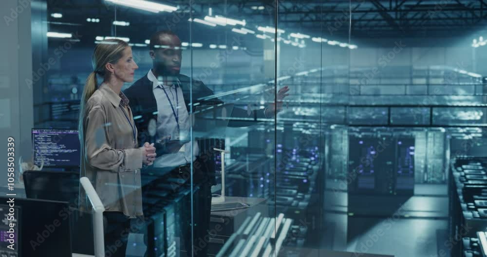 Aufkleber Male DevOps Engineer and Female IT Consultant Work on a Laptop Computer, Standing in an Office Above the Rows of Servers in a Data Center, Developing Automation Scripts for Artificial Intelligence