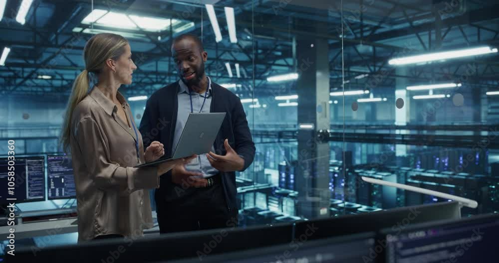 Aufkleber Male Cloud Architect and Female Database Engineer Review Data Storage Protocols on a Shared Laptop in a Data Center. Team Strategizing Ways to Improve Service for Enterprise Clients