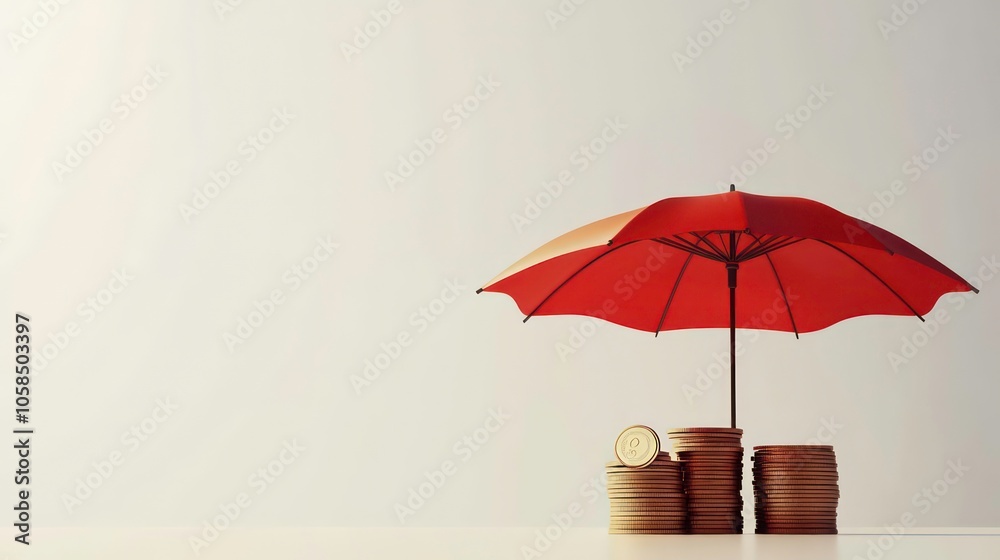 Poster the stack of coins is under a red umbrella with a white background