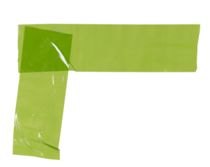 Isolated corner figure made from torn strip of green repair tape on white background, copy space