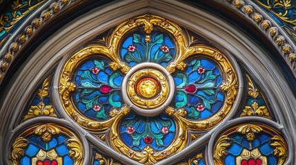 Obraz premium Ornate stained glass enhances the beauty of an ancient manuscript. The intricate details of the ornate stained glass display vibrant colors such as gold, blue, and red. Generous copy space available.