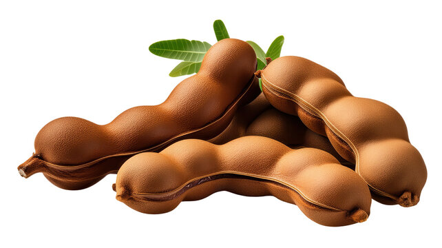 Three ripe tamarind pods with green leaves, isolated on a white background.
