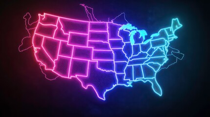 Neon outline of the United States map with states highlighted in gradient colors.