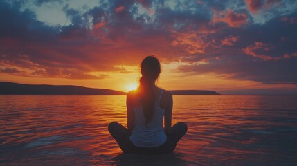 Fototapeta premium Serene Mindfulness Practice at Sunset Beach A Tranquil Connection with Nature