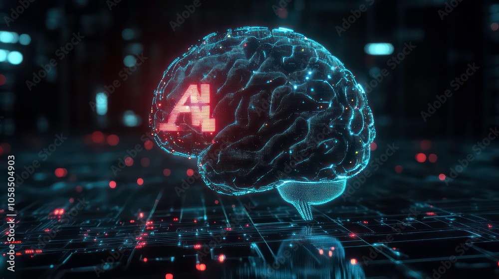 Poster There is AI text referring to stock, technology, data science, and innovative Internet projects in the futuristic brain