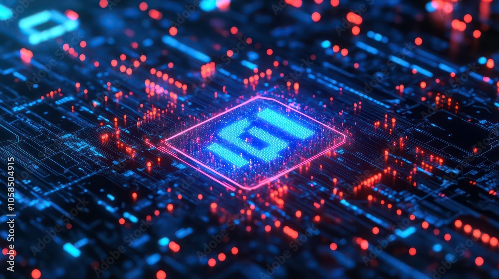 Aufkleber A digital circuit board with glowing elements and a central processor design.
