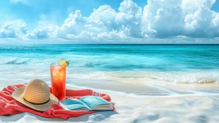 Colorful Beach Setup with Towel, Book and Drink