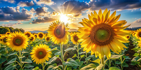 Obraz premium field of sunflowers. sunflower, flower, sky, field, summer, nature, yellow, agriculture, plant, sun, blue, green, bright, leaf, sunflowers, meadow, blossom, petal, growth, landscape, blooming, sunny, 