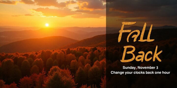 Fall Back, Daylight Saving Time Ends, A glowing sunset over a forest in fall on the left, with Fall Back, Daylight Saving Time Ends in golden text on the right.