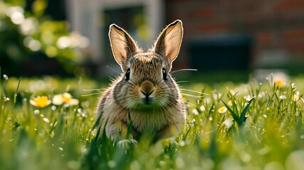A brown rabbit sits in a field of green grass and wildflowers, looking directly at the camera