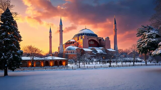 The Hagia Sophia stands tall in Istanbul, covered in snow under a vibrant sunset