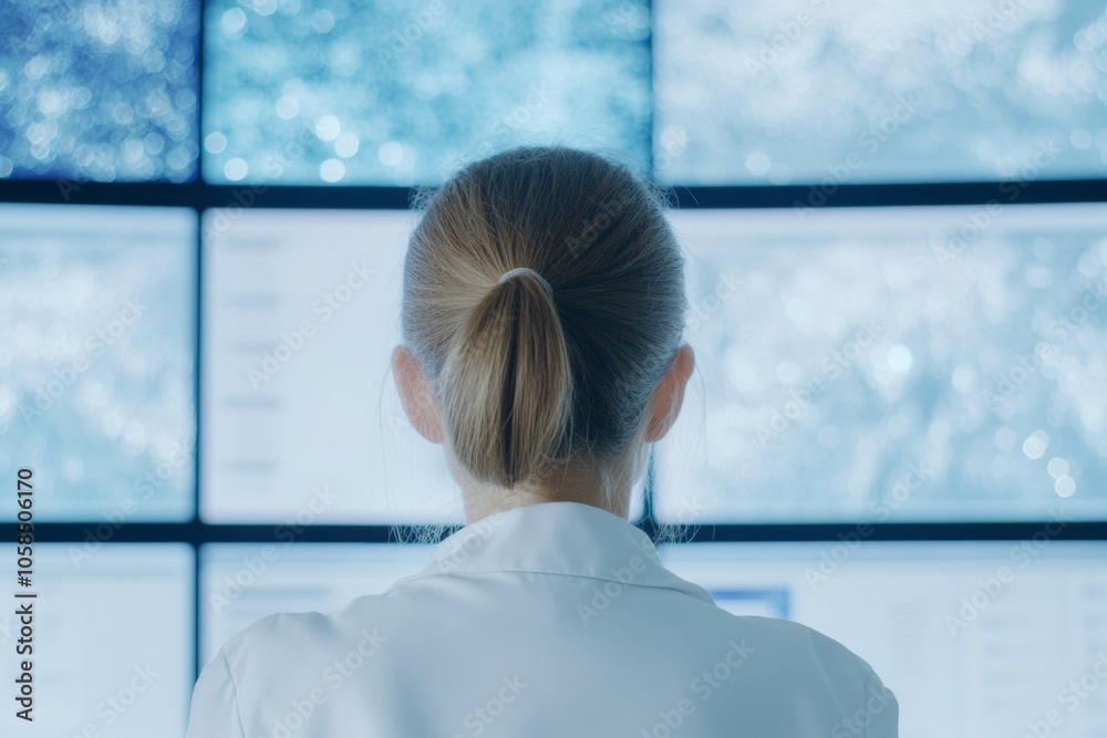 Poster female scientist analyzing data in high-tech lab - perfect for halloween & new years