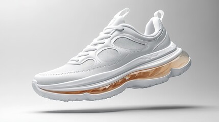 Fashionable white sneakers in an airborne arrangement on gray background for advertising