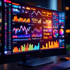 Fototapeta premium Close Up Shot of a Computer Monitor Screen with Real-Time Stocks, Commodities and Exchange Market Charts and Tickers on a Multi-Display Workstation in a Financial Business Office