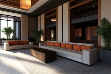 Fototapeta premium Spacious contemporary hotel lobby featuring modern design and inviting open space for guests to relax and socialize.