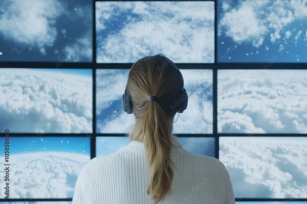 Poster futuristic meteorology female scientist observes celestial patterns in high-tech observatory - perfe