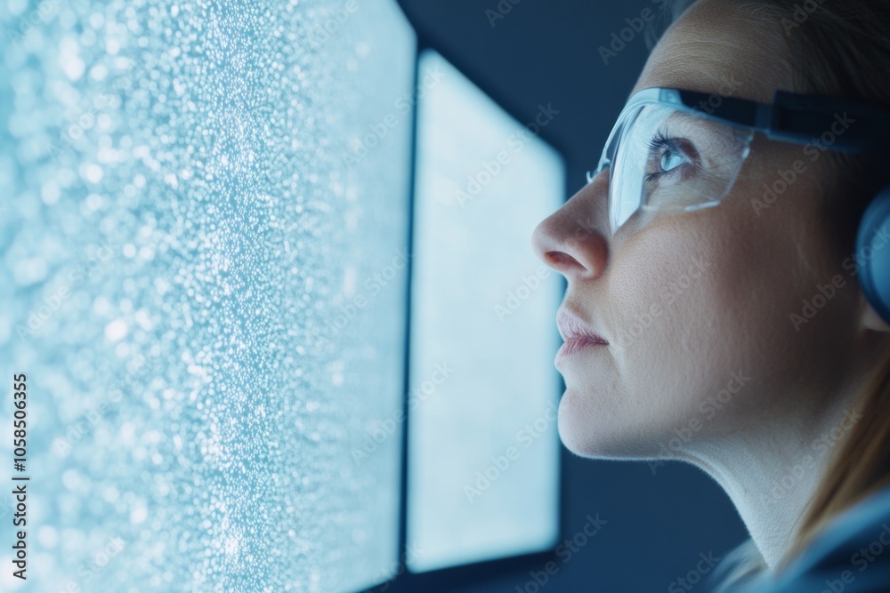 Poster female scientist analyzing data at observatory | perfect for earth day and world science day