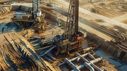 Aerial View of an Oil Drilling Rig and Pipeline Network