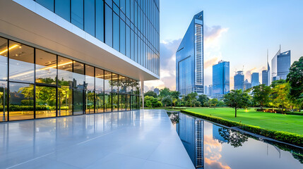 Modern Architecture with Cityscape Reflection in Water Feature