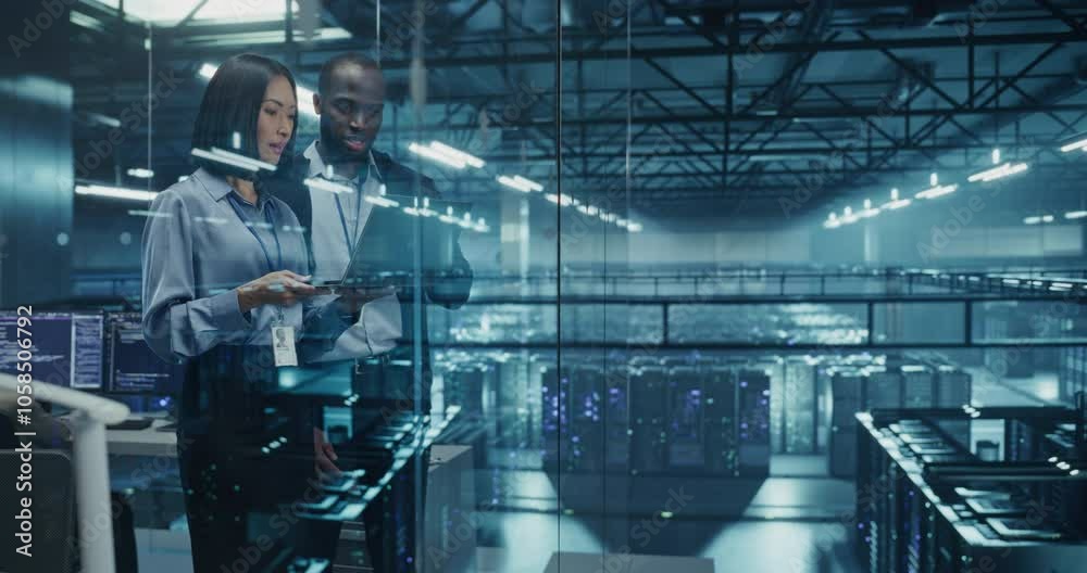 Aufkleber In a Modern Data Center, Black Male Data Scientist and Asian Female AI Specialist Analyze Algorithms on a Laptop. Specialists Exploring Optimizations for Processing Large Datasets