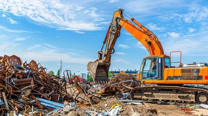 Excavator Loading Scrap Metal at a Recycling Facility