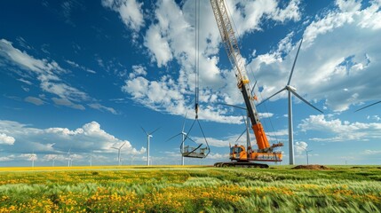 Construction of a Wind Farm: Renewable Energy in a Field of Yellow Flowers