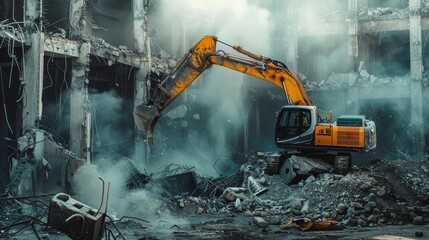 Demolition Excavator Breaking Down a Building