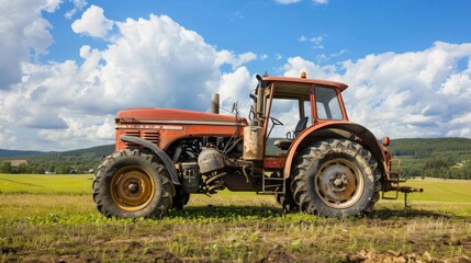Obraz premium Red Tractor in a Farm Field with Blue Sky