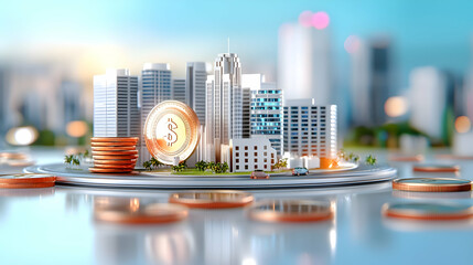 Naklejka na ściany i meble Cityscape with Coins and Dollar Sign Financial Success Concept