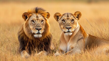 Obraz premium Lion and lioness in the savanna create a captivating scene. This image of wild animals conveys the beauty of nature, with ample photo space for text or design elements.