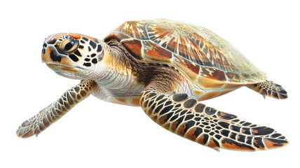 Fototapeta premium Colorful sea turtle swimming gracefully underwater, white isolated background.