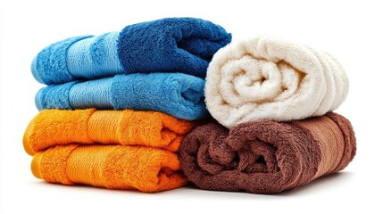Variety of towels displayed on a white background, highlighting different styles and colors of towels. This composition of towels includes ample copy space for versatile use.
